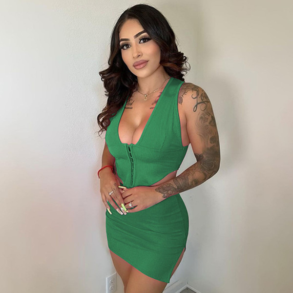 Fashion V-neck breasted vest Slim fit split skirt suit