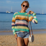 Rainbow panel cut-out bikini beach skirt knitted blouse