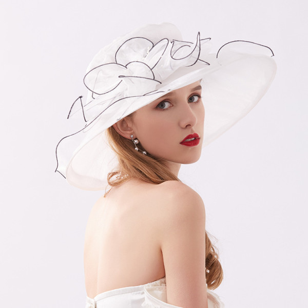 Black edging organza vintage flower top hat Women's summer mesh fisherman hat Sun protection foldable sunshade hat