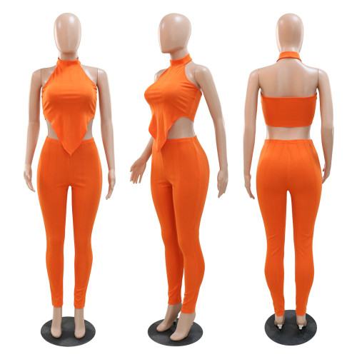 Casual two-piece set with neck top and slim pants