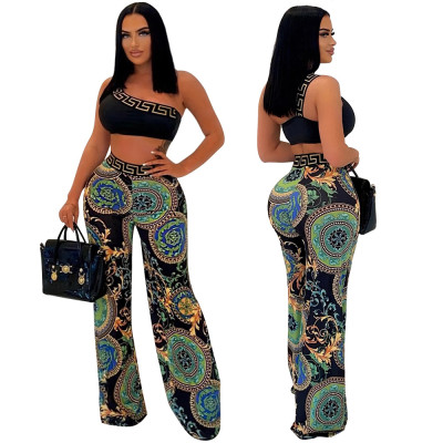 Fashion printed one shoulder sleeve short sexy top with loose wide leg pants