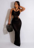 Beach hand hook strap open back suspender neck mesh split sunscreen dress