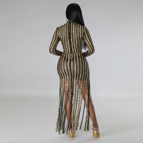 Fashion round neck perspective slim dress beaded fringe skirt skirt skirt