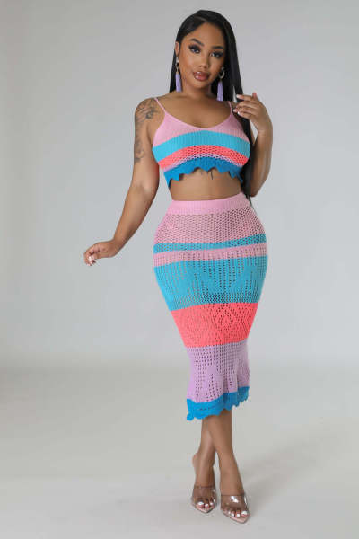 Women's fashion multicolor color-blocking woven beach skirt two-piece set