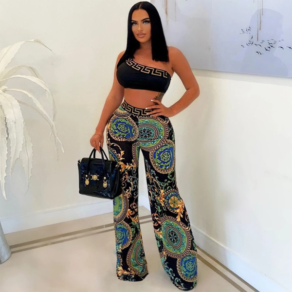 Fashion printed one shoulder sleeve short sexy top with loose wide leg pants