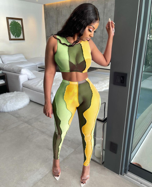 Fashion mesh irregular splicing sleeveless two-piece set
