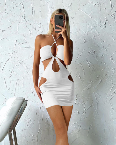 Women's hanging neck and buttock skirt sexy hollow lace up pleated buttock dress