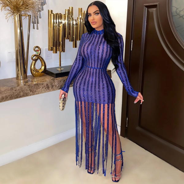 Fashion round neck perspective slim dress beaded fringe skirt skirt skirt