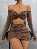 Women's long-sleeved two-piece set of new sexy low-cut lace-up skirt, one-line shoulder bag hip skirt