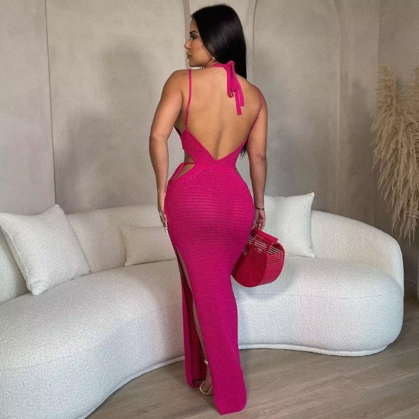 Beach hand hook strap open back suspender neck mesh split sunscreen dress