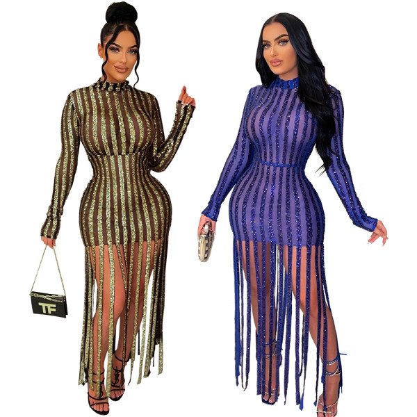Fashion round neck perspective slim dress beaded fringe skirt skirt skirt