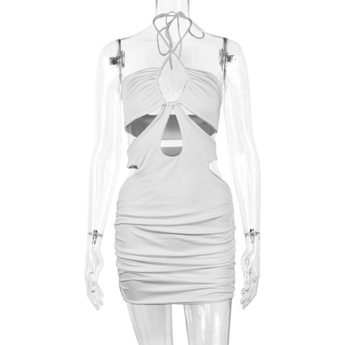 Women's hanging neck and buttock skirt sexy hollow lace up pleated buttock dress