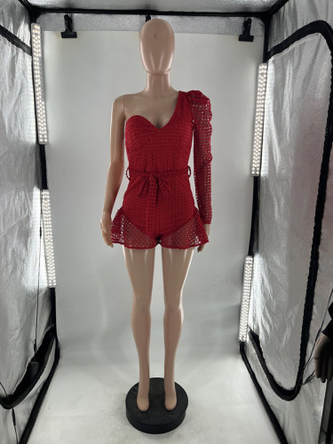 Women's fashion sexy bra style one-sided sleeve mesh sasha jumpsuit