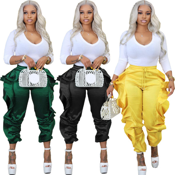 Women's plain wooden ear edge casual women's trousers
