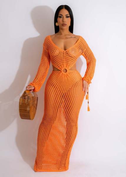 Women's dress fashion sunscreen blouse beach skirt knitted deep V dress