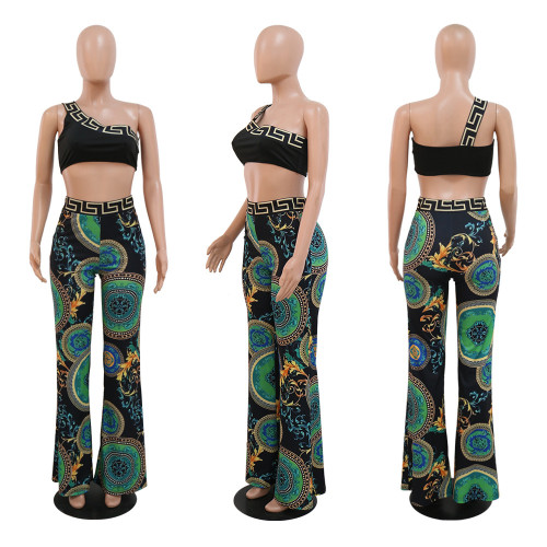 Fashion printed one shoulder sleeve short sexy top with loose wide leg pants