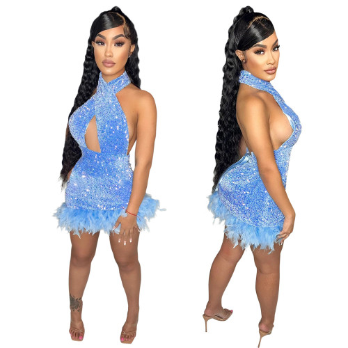 Fashion halter backless sequin dress sexy buttock skirt