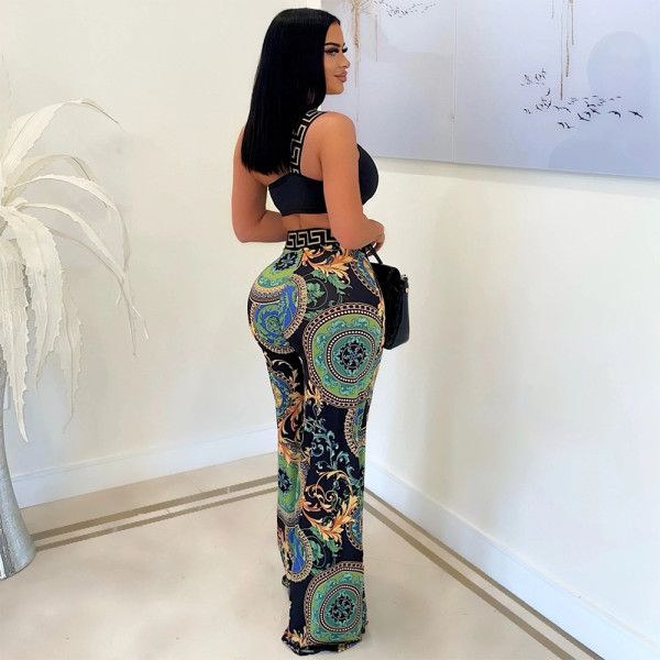 Fashion printed one shoulder sleeve short sexy top with loose wide leg pants