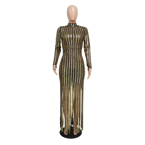 Fashion round neck perspective slim dress beaded fringe skirt skirt skirt