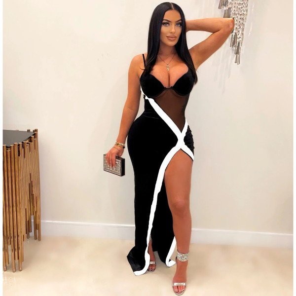 Fashionable sexy mesh patchwork suspender irregular split skirt