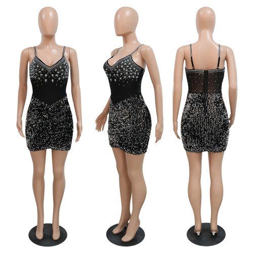 Strap dress sexy deep V hot diamond party evening dress