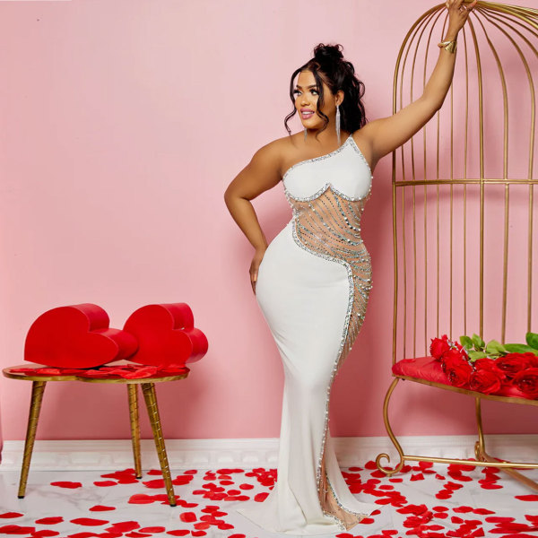 Sexy pearl hot diamond perspective mesh dress K9066