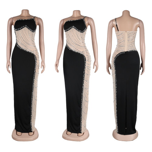 Sexy pearl hot diamond perspective mesh dress K9066