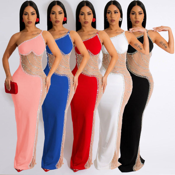 Sexy pearl hot diamond perspective mesh dress K9066