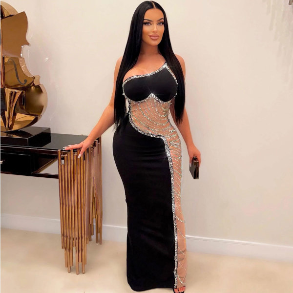 Sexy pearl hot diamond perspective mesh dress K9066