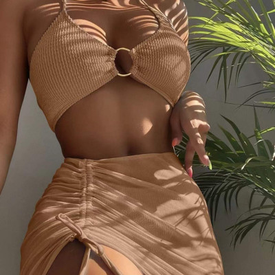 Split swimsuit Women's slim solid color sexy swimsuit neck hanging three-piece bikini