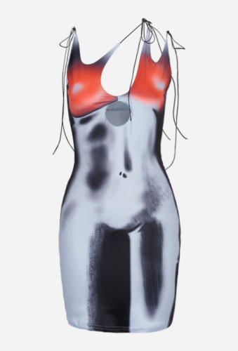 Women's fashion diagonal shoulder sexy cut-out 3D print slim wrap hip skirt