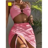 Split swimsuit Women's slim solid color sexy swimsuit neck hanging three-piece bikini