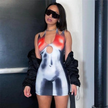 Women's fashion diagonal shoulder sexy cut-out 3D print slim wrap hip skirt