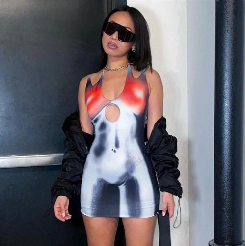 Women's fashion diagonal shoulder sexy cut-out 3D print slim wrap hip skirt