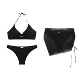 Split swimsuit Women's slim solid color sexy swimsuit neck hanging three-piece bikini
