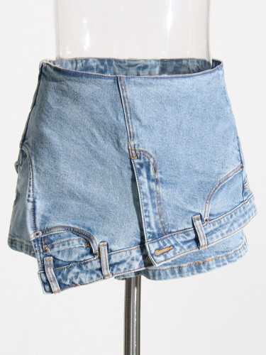 Individualized street denim patchwork shorts with high waist, irregular washed old jeans