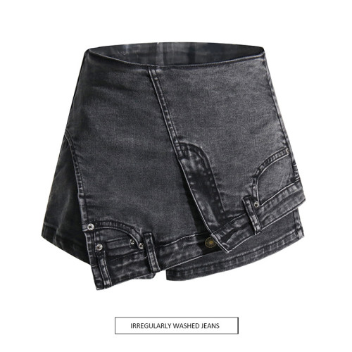 Individualized street denim patchwork shorts with high waist, irregular washed old jeans