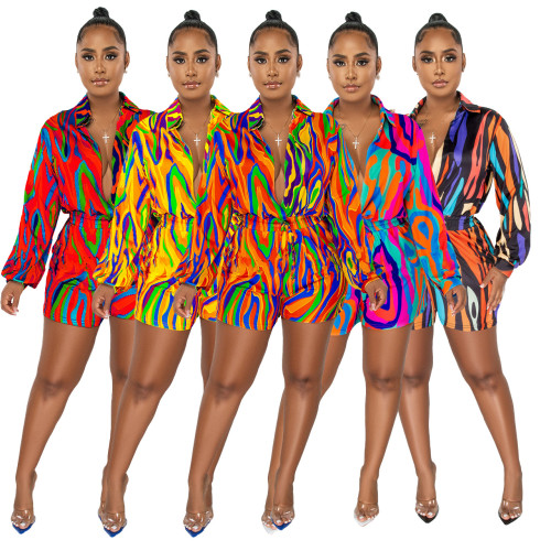 Autumn/Winter Fashion Print Shirt Collar Casual Jumpsuit