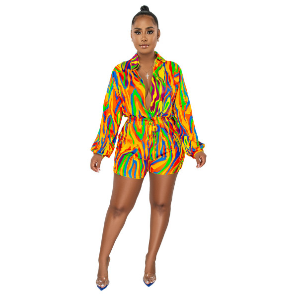Autumn/Winter Fashion Print Shirt Collar Casual Jumpsuit