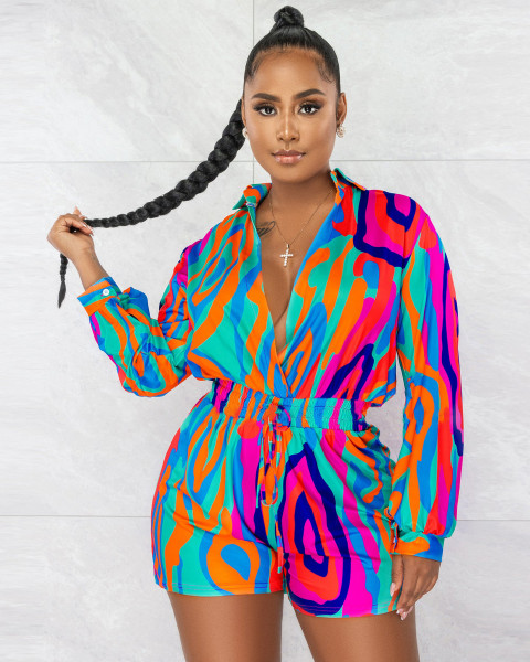 Autumn/Winter Fashion Print Shirt Collar Casual Jumpsuit