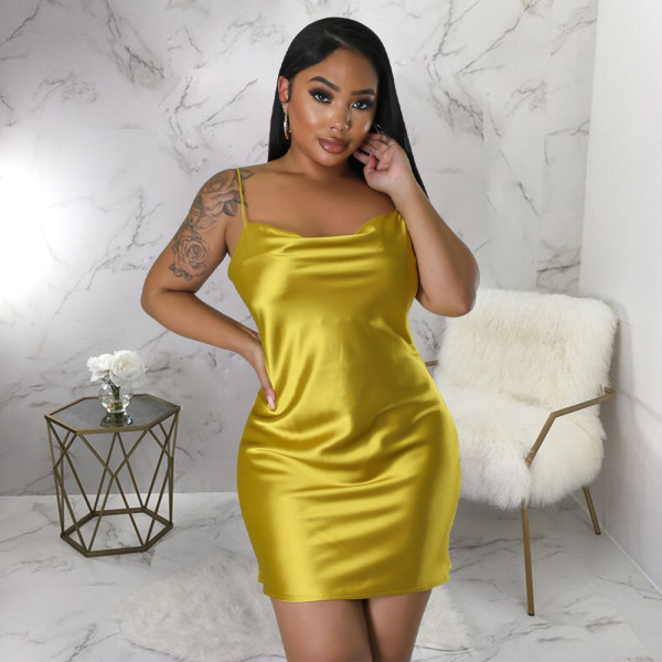 Women's pure color backless short skirt, imitation silk sexy swing neck dress with suspenders