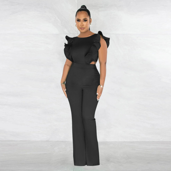 Ruffle round neck solid color fashion jumpsuit