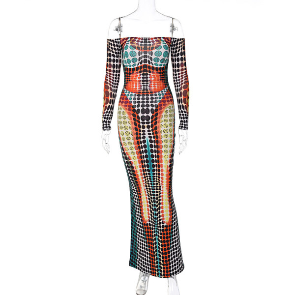 Women's one-line neck patchwork long-sleeved slim skirt