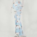 Digital printing mesh perspective flared trousers