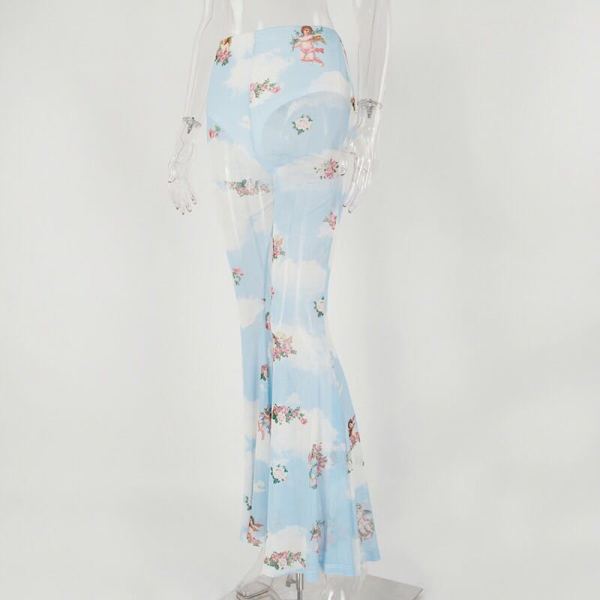 Digital printing mesh perspective flared trousers