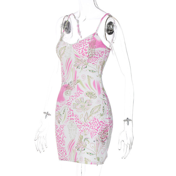 Fashion flower stamen printing out of the street sweet suspender slim dress