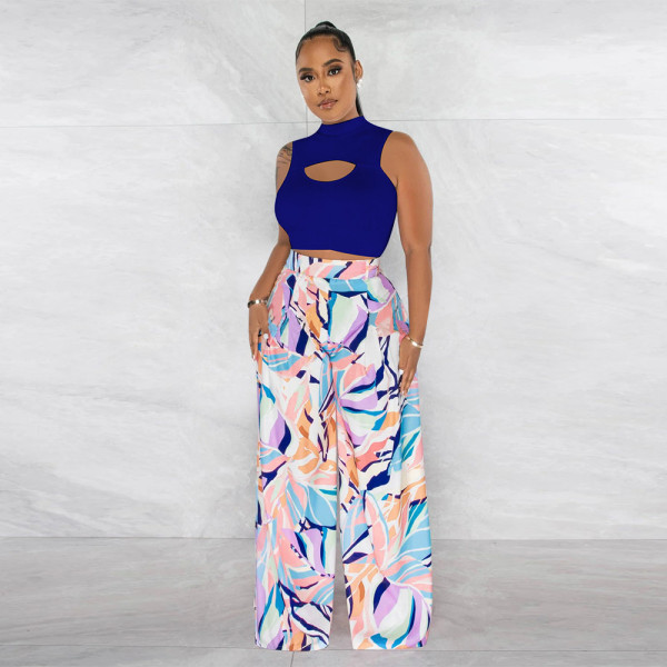 Sleeveless round neck short top printed wide leg pants two-piece set