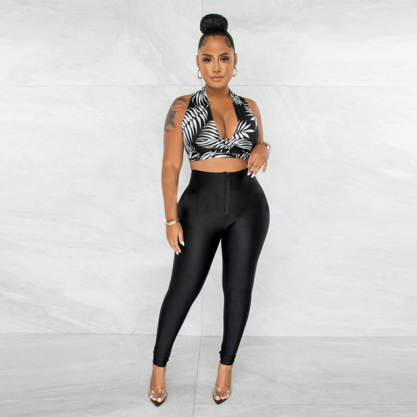 Sexy deep V-neck lace-up top+pencil pants sports two-piece set