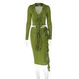 Fashion street style sexy deep V wooden ear edge top slimming bag buttock patchwork medium length skirt suit