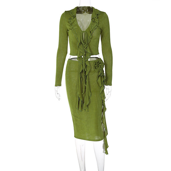 Fashion street style sexy deep V wooden ear edge top slimming bag buttock patchwork medium length skirt suit